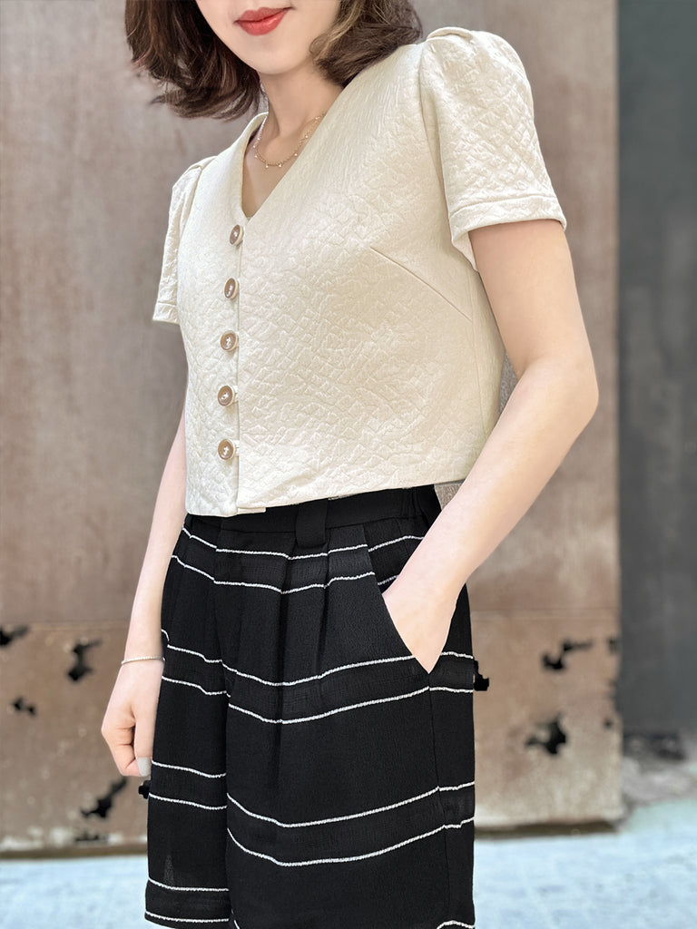 Surprise Sale! Beige Puff Shoulder V-neck Little Crop Quilted Jacket