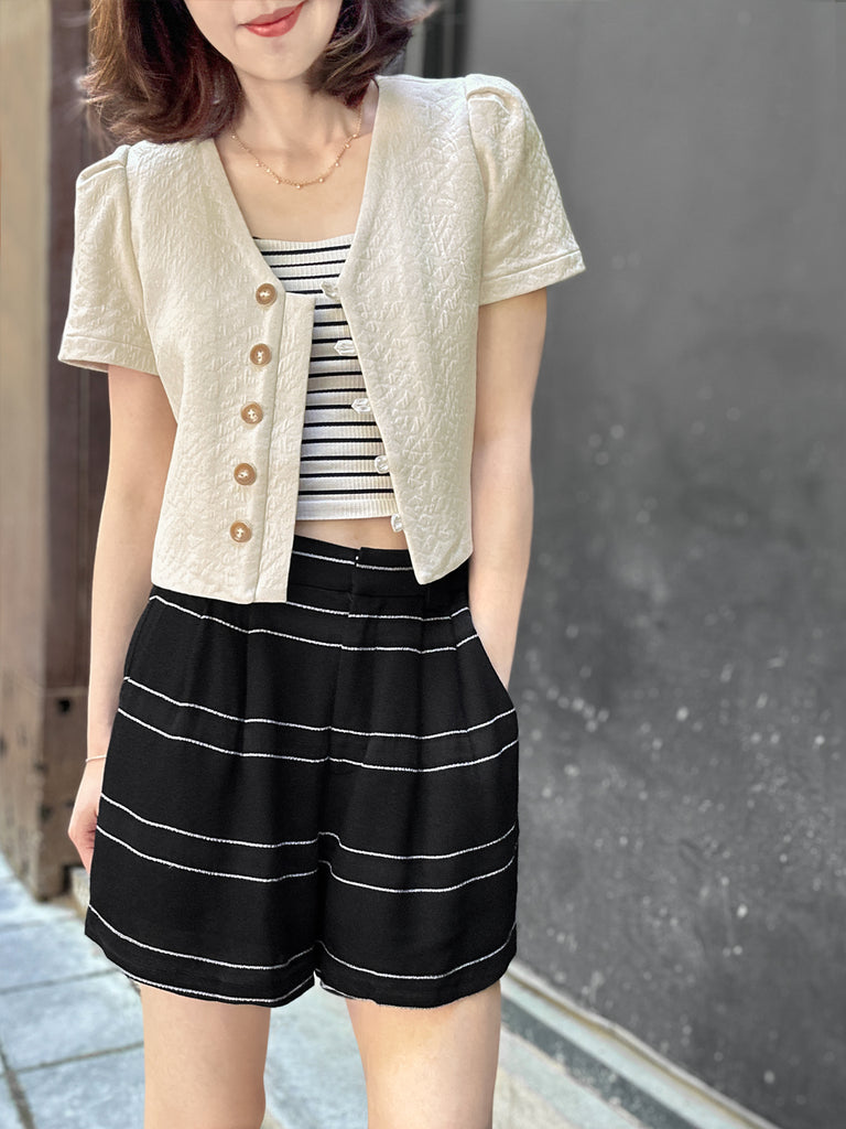 Surprise Sale! Beige Puff Shoulder V-neck Little Crop Quilted Jacket