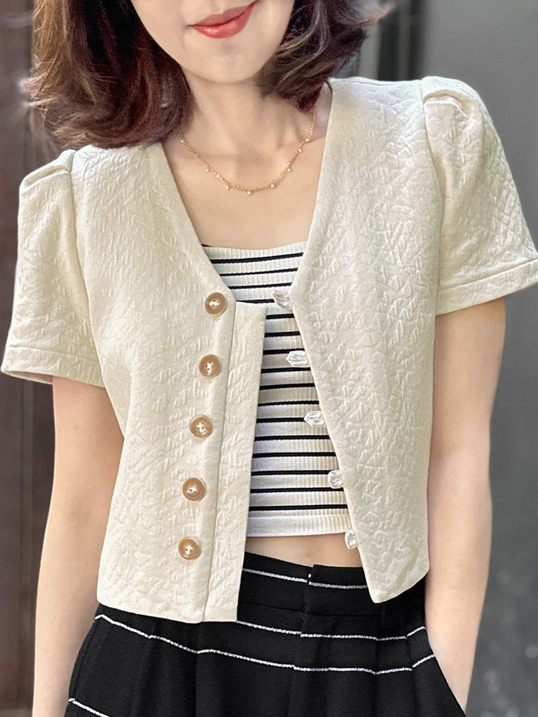 Surprise Sale! Beige Puff Shoulder V-neck Little Crop Quilted Jacket