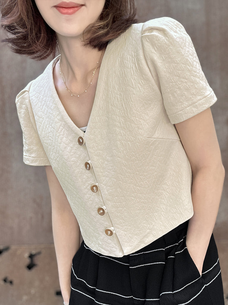 Surprise Sale! Beige Puff Shoulder V-neck Little Crop Quilted Jacket