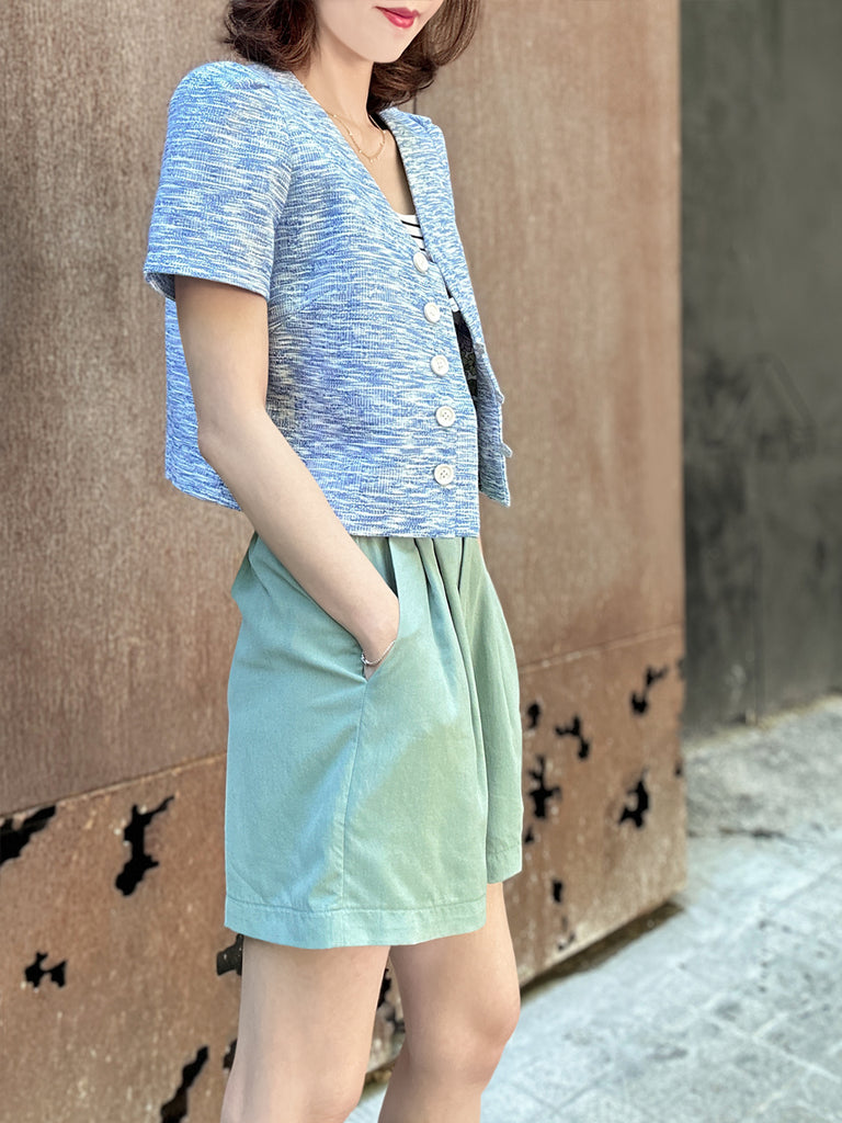 藍色泡泡肩 V 領短花呢夾克