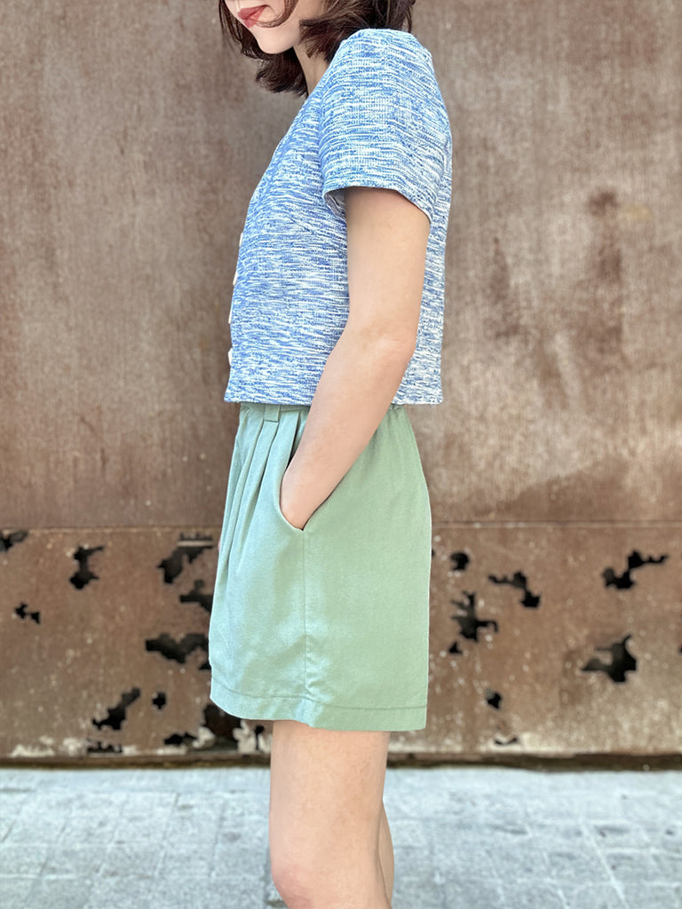 藍色泡泡肩 V 領短花呢夾克