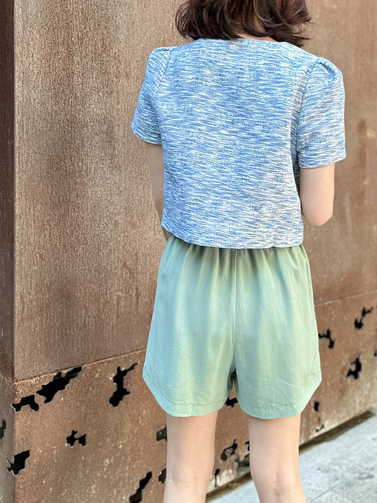 藍色泡泡肩 V 領短花呢夾克