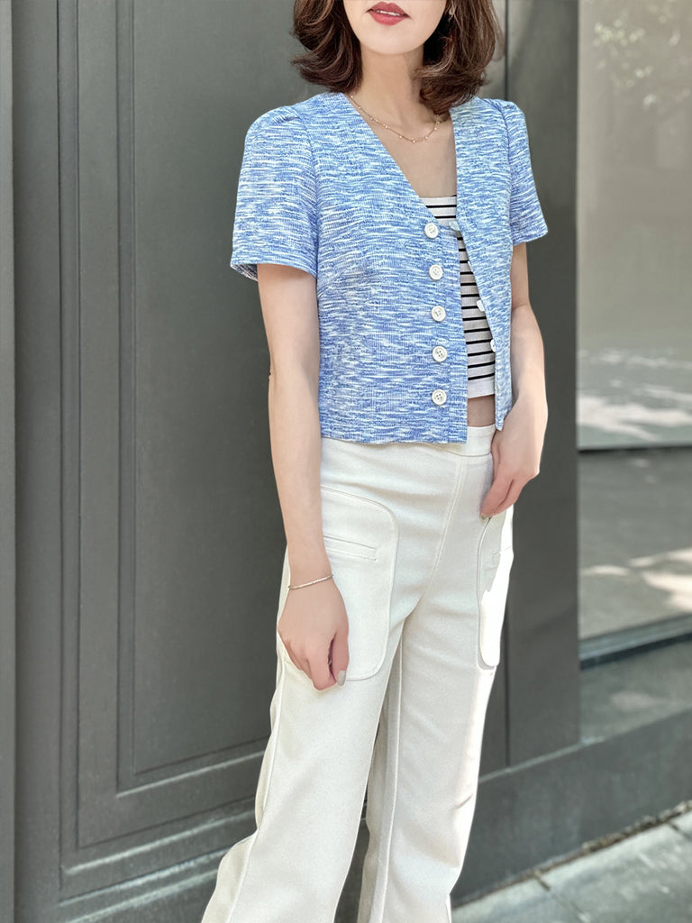 藍色泡泡肩 V 領短花呢夾克