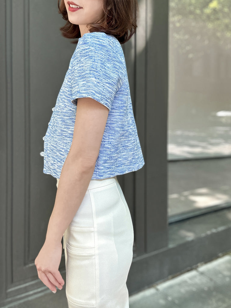 藍色泡泡肩 V 領短花呢夾克