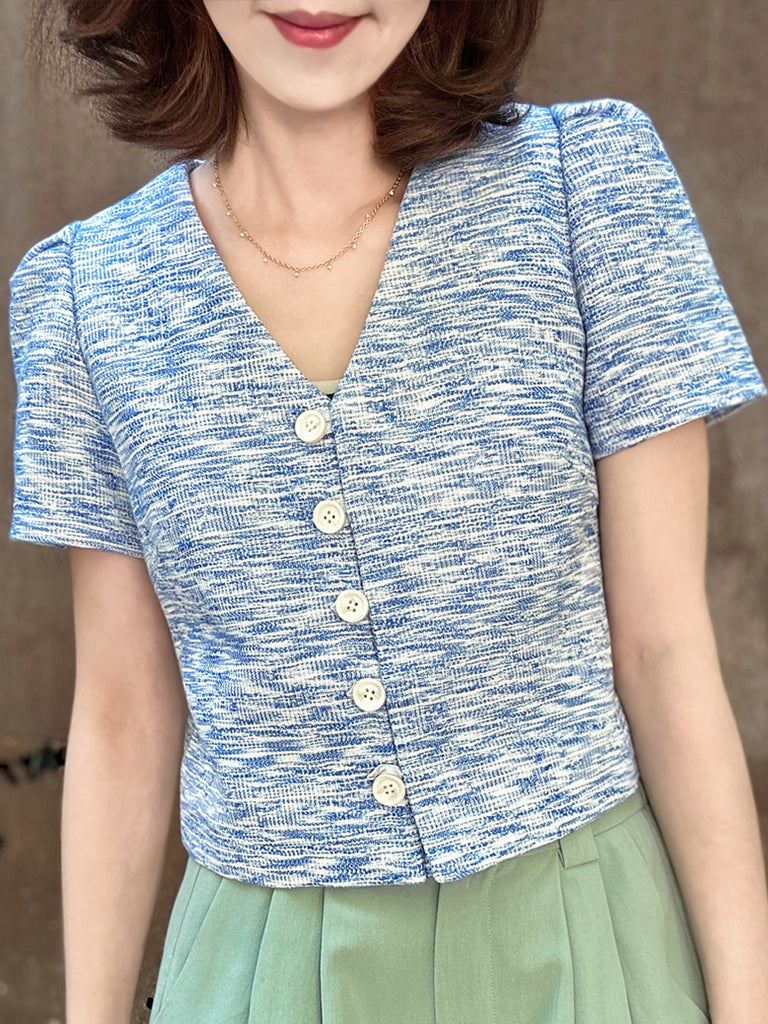 藍色泡泡肩 V 領短花呢夾克