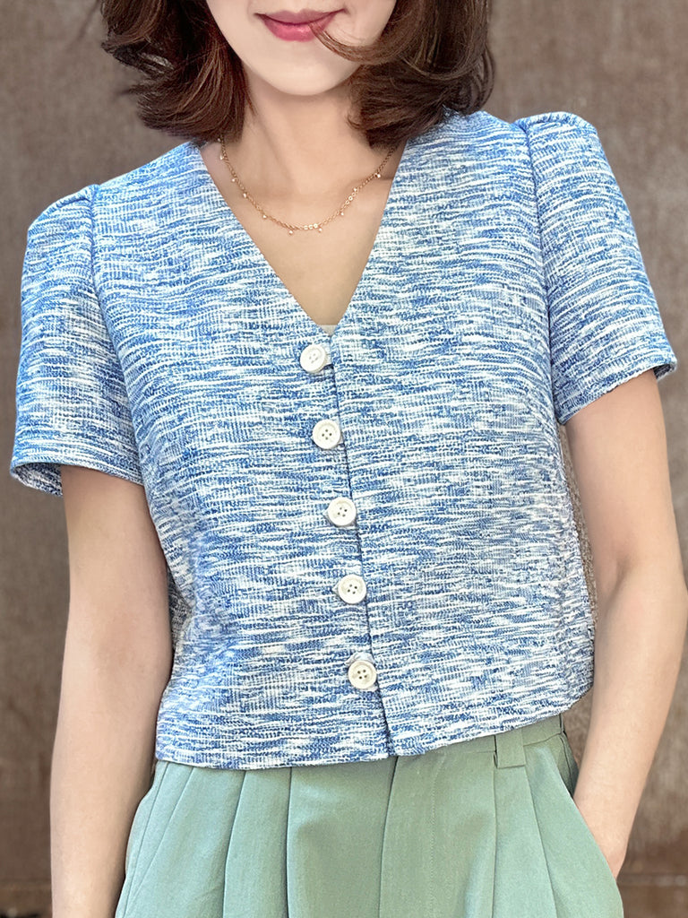 藍色泡泡肩 V 領短花呢夾克