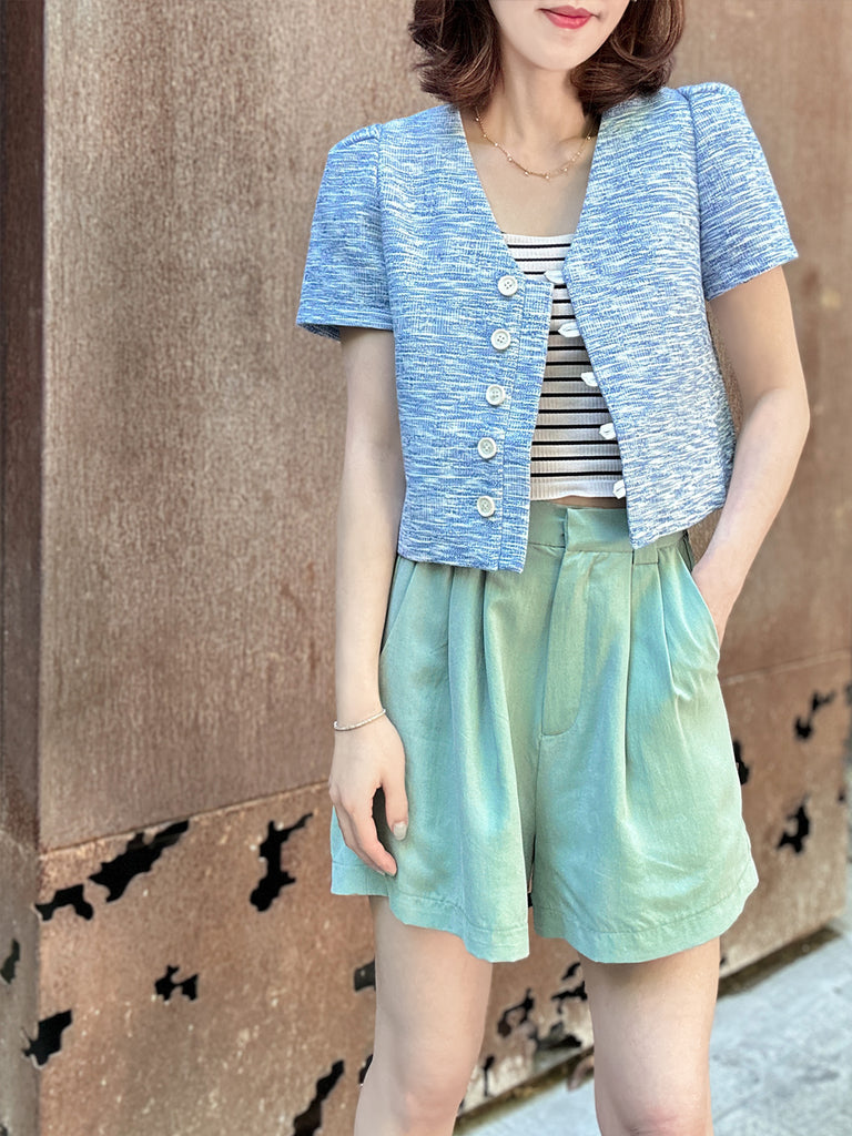 藍色泡泡肩 V 領短花呢夾克