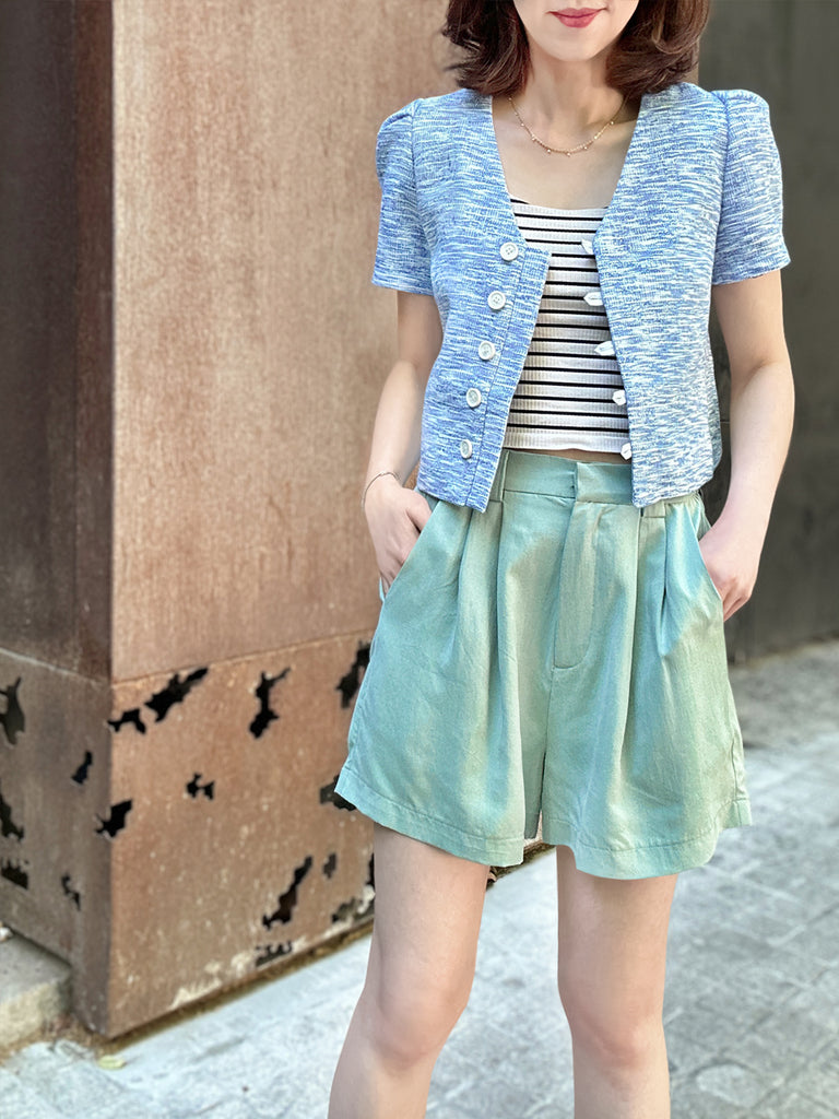 藍色泡泡肩 V 領短花呢夾克