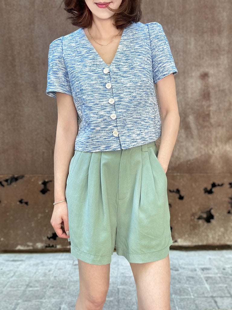 藍色泡泡肩 V 領短花呢夾克