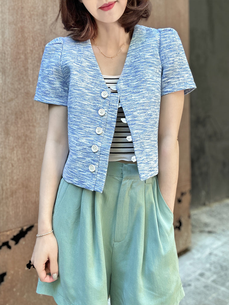 藍色泡泡肩 V 領短花呢夾克