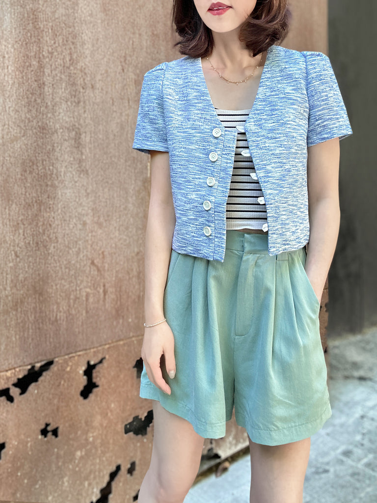 藍色泡泡肩 V 領短花呢夾克