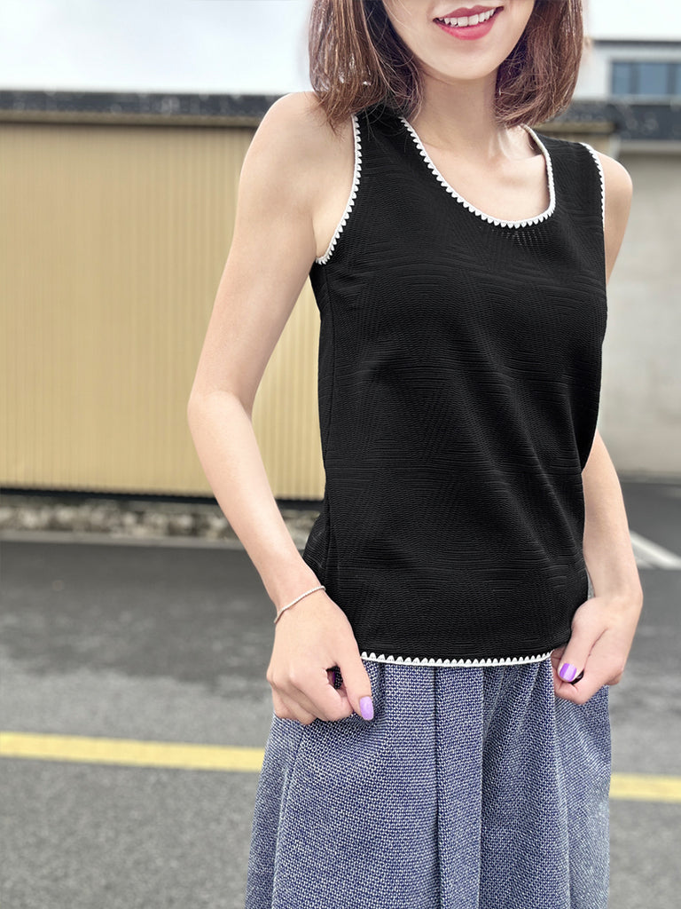 Final Sale! Patterned Black Contrast Scallop Trim Jersey Tank