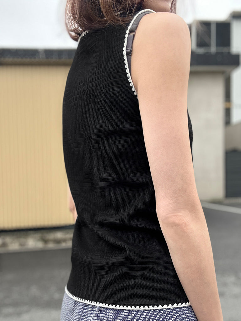 Final Sale! Patterned Black Contrast Scallop Trim Jersey Tank