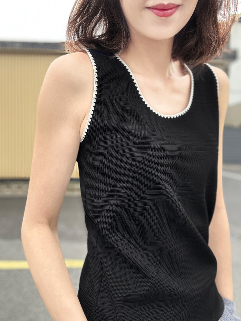 Final Sale! Patterned Black Contrast Scallop Trim Jersey Tank