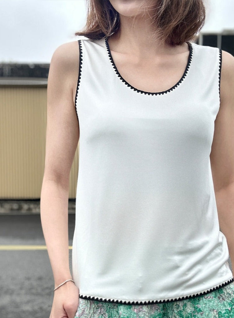 Final Sale! Silky White Contrast Scallop Trim Jersey Tank