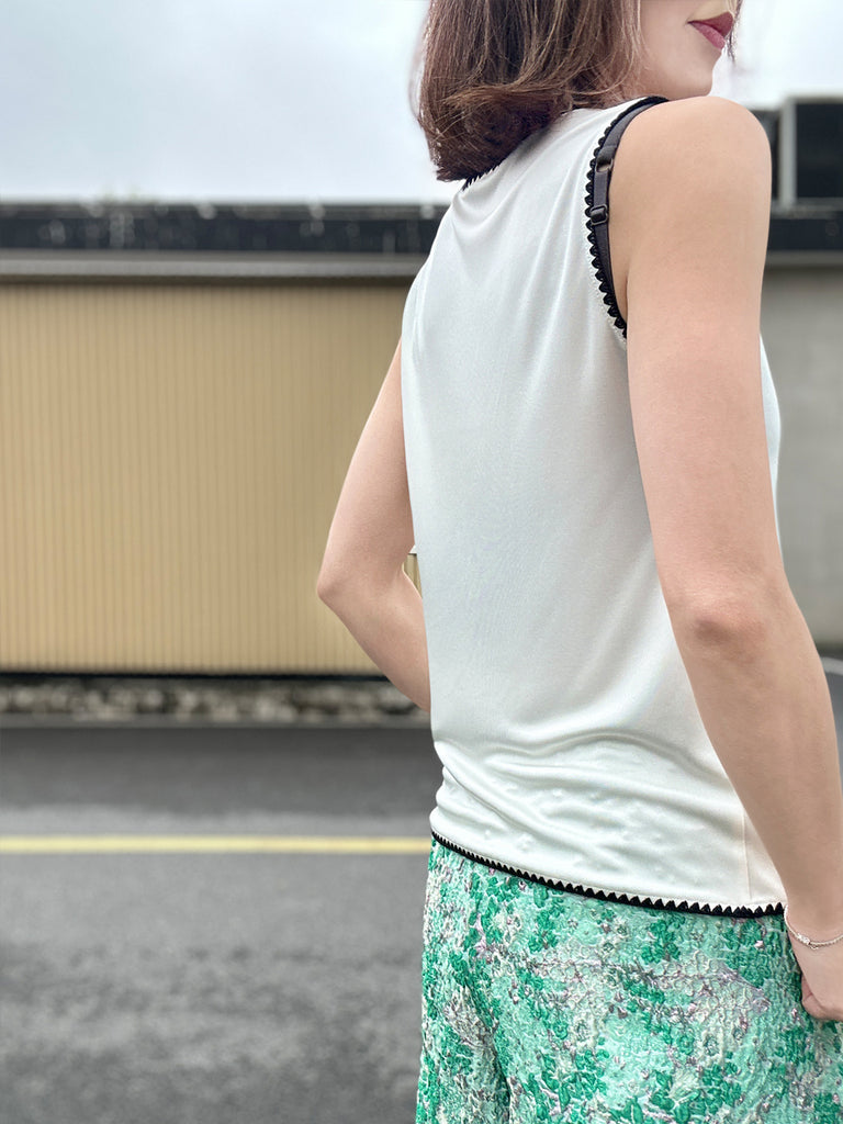 Final Sale! Silky White Contrast Scallop Trim Jersey Tank