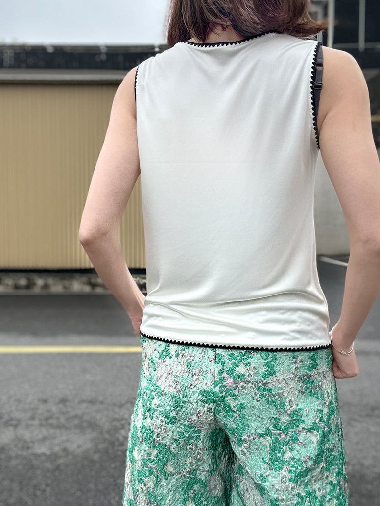 Final Sale! Silky White Contrast Scallop Trim Jersey Tank