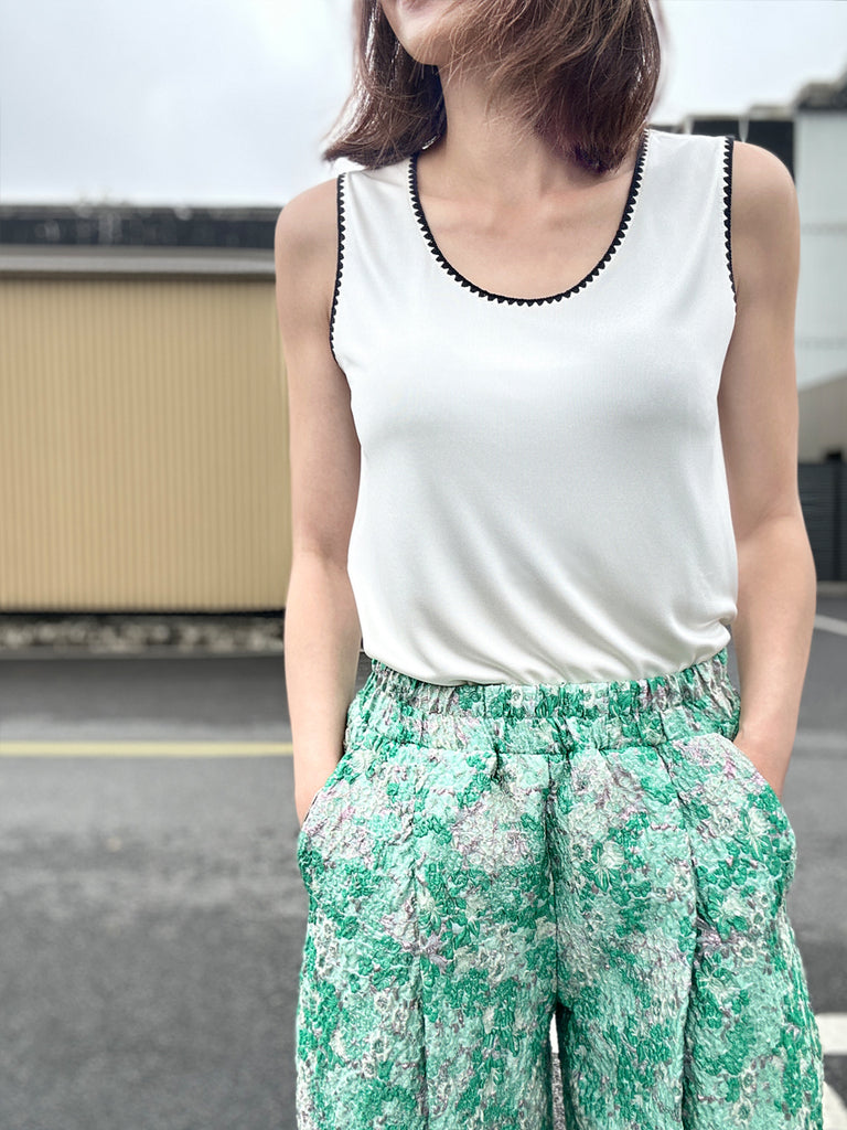 Final Sale! Silky White Contrast Scallop Trim Jersey Tank