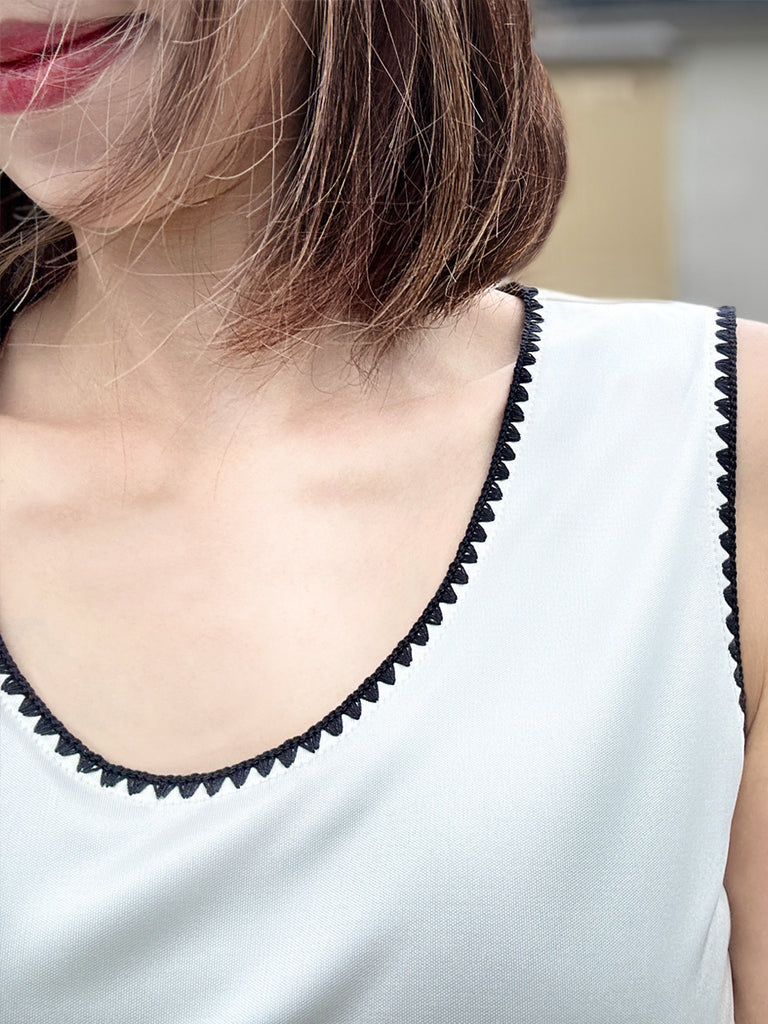 Final Sale! Silky White Contrast Scallop Trim Jersey Tank