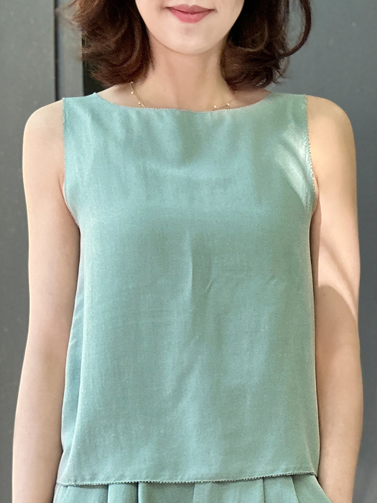 Final Sale! Pastel Green Stitched Trim Boat Neck Silk Tank