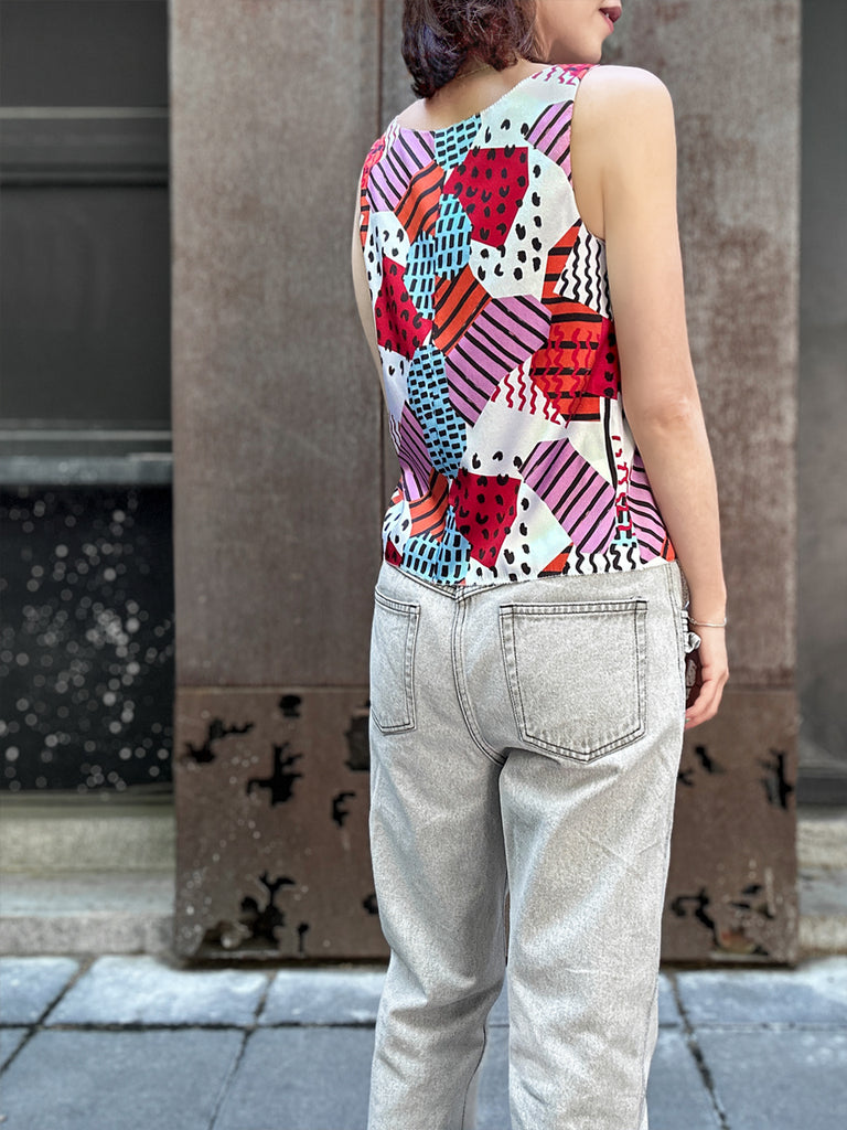 Final Sale! Mix Geo Print Stitched Trim Boat Neck Silk Tank