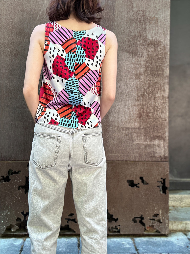 Final Sale! Mix Geo Print Stitched Trim Boat Neck Silk Tank