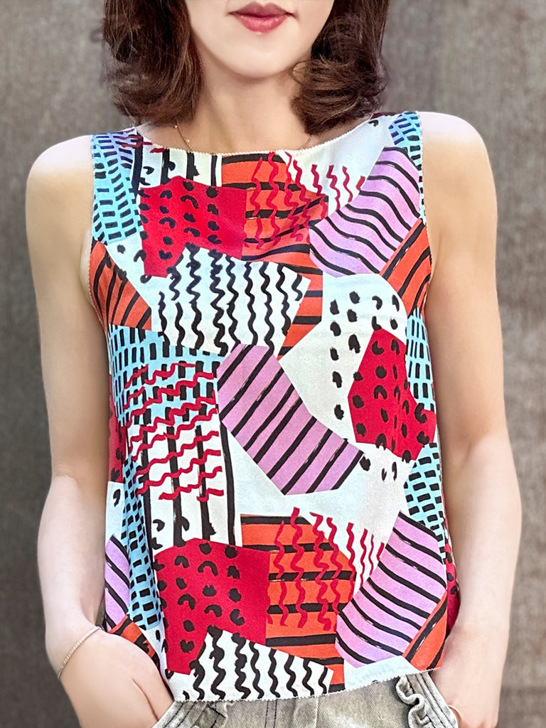 Final Sale! Mix Geo Print Stitched Trim Boat Neck Silk Tank