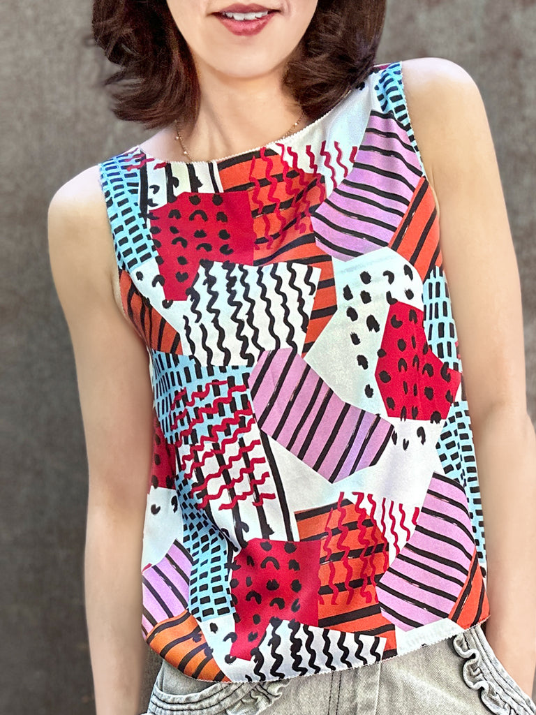 Final Sale! Mix Geo Print Stitched Trim Boat Neck Silk Tank