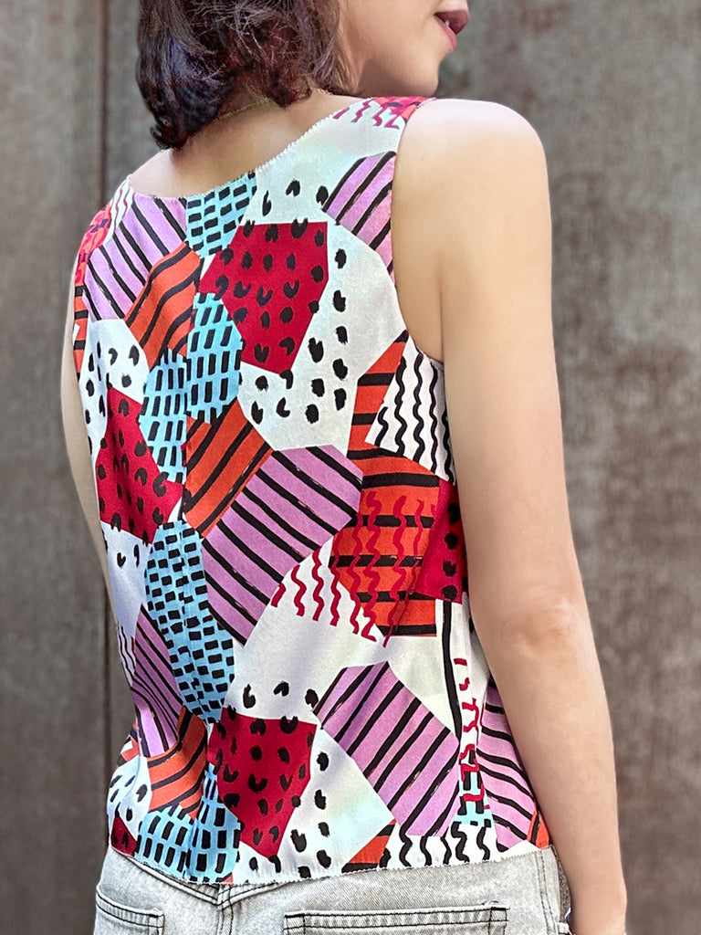Final Sale! Mix Geo Print Stitched Trim Boat Neck Silk Tank