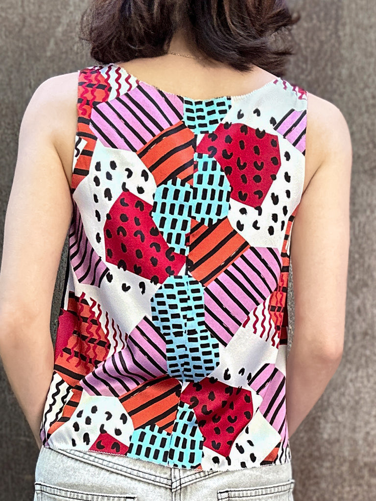 Final Sale! Mix Geo Print Stitched Trim Boat Neck Silk Tank