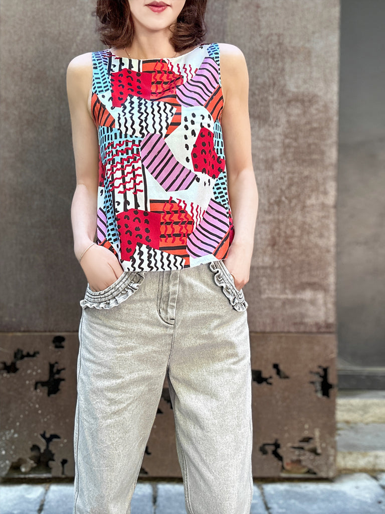 Final Sale! Mix Geo Print Stitched Trim Boat Neck Silk Tank