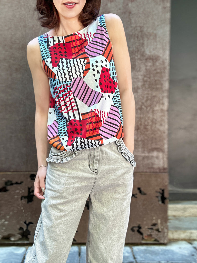 Final Sale! Mix Geo Print Stitched Trim Boat Neck Silk Tank