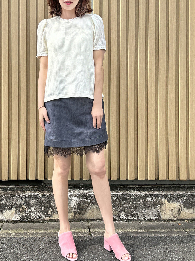 Black Denim A-line Side Pockets Lace Trim Short Skirt