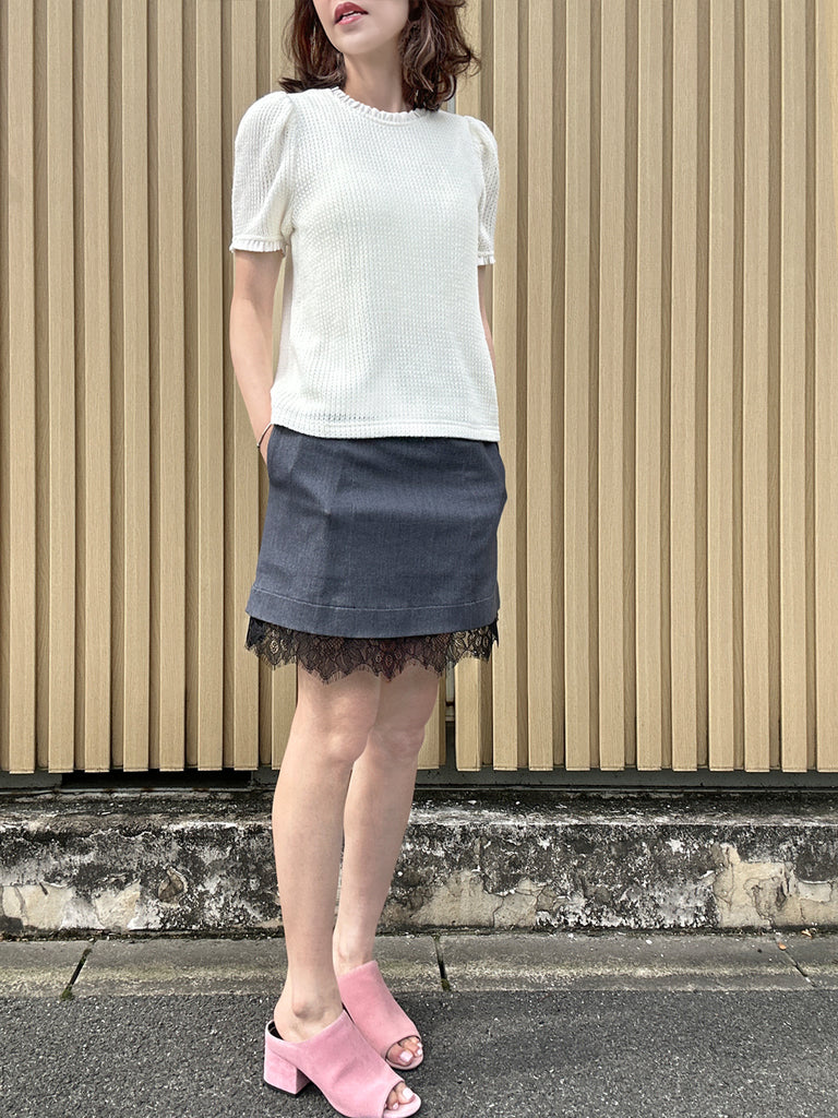 Black Denim A-line Side Pockets Lace Trim Short Skirt