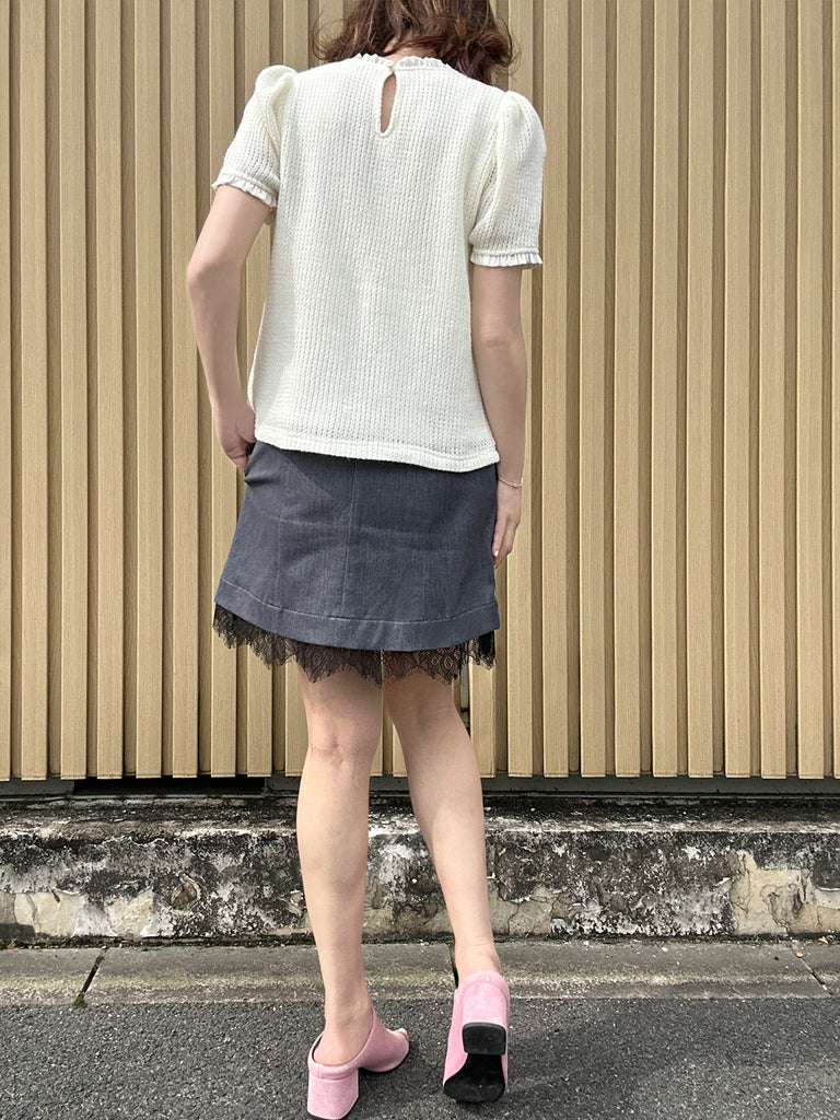 Black Denim A-line Side Pockets Lace Trim Short Skirt