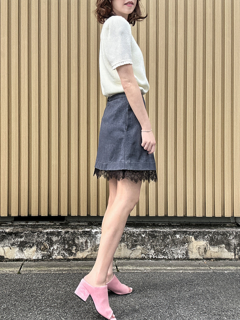 Black Denim A-line Side Pockets Lace Trim Short Skirt