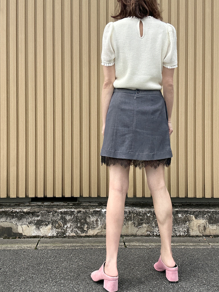 Black Denim A-line Side Pockets Lace Trim Short Skirt