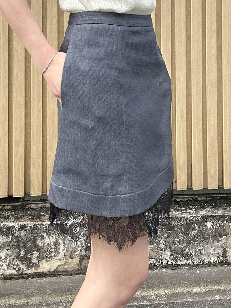 Black Denim A-line Side Pockets Lace Trim Short Skirt