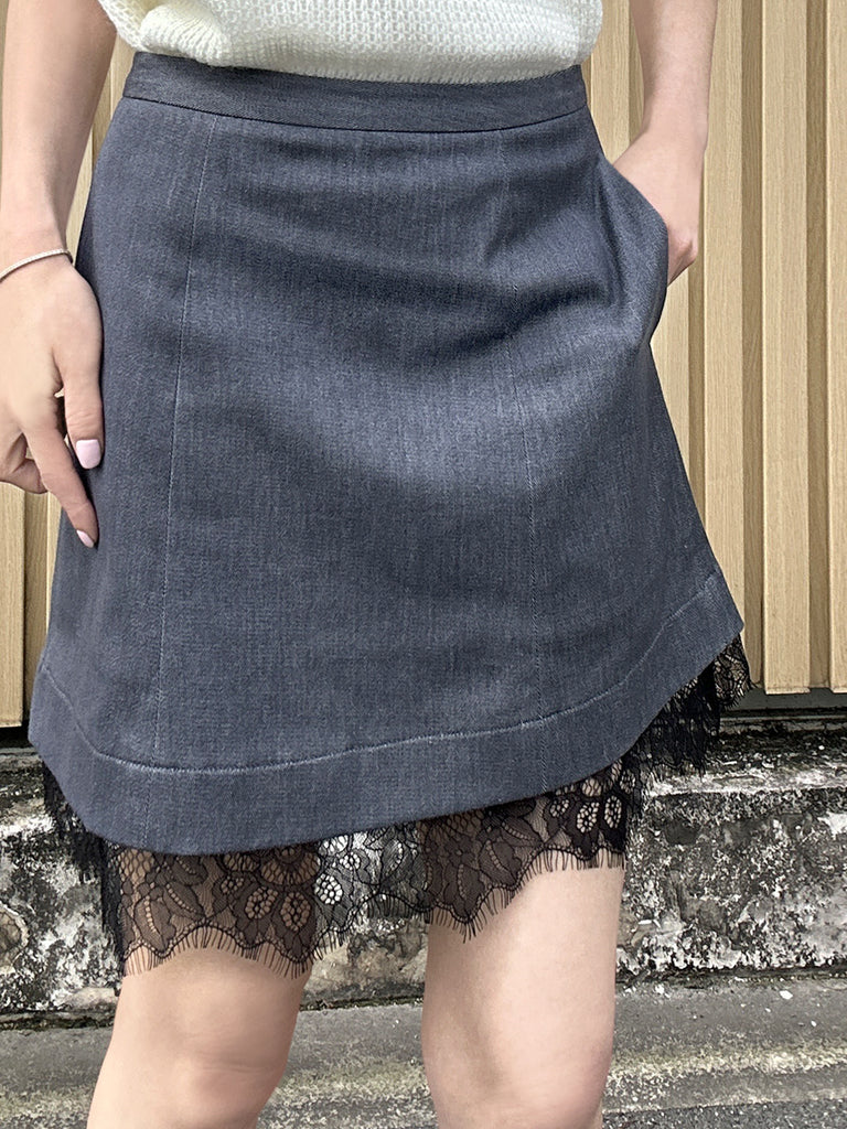 Black Denim A-line Side Pockets Lace Trim Short Skirt