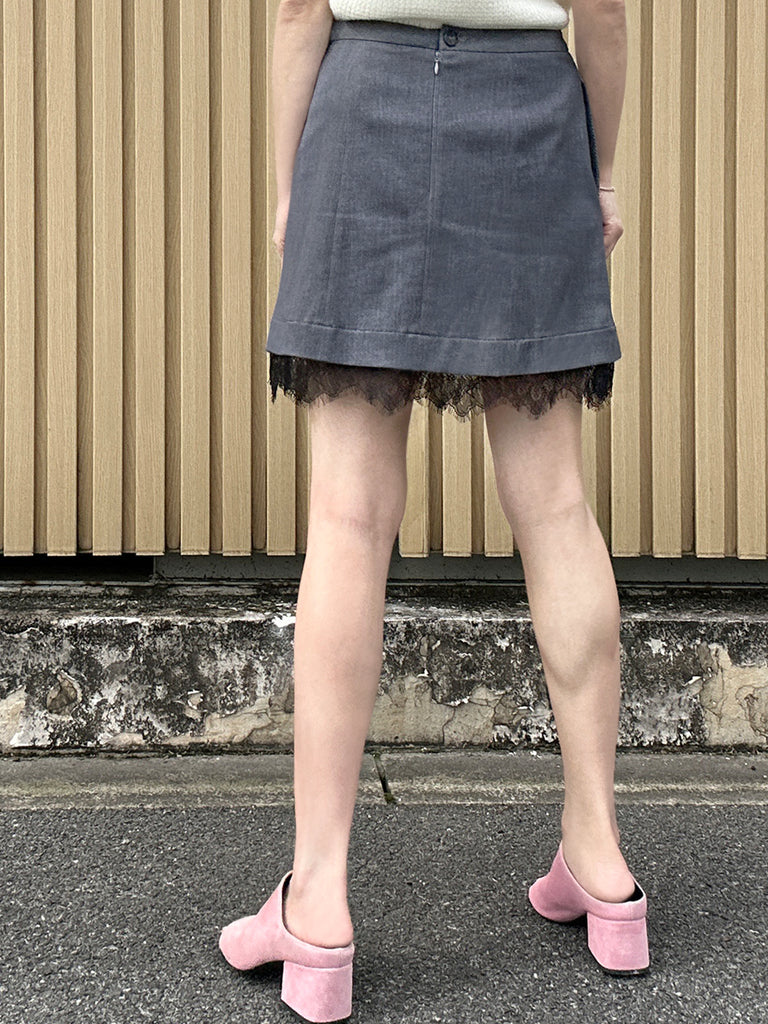 Black Denim A-line Side Pockets Lace Trim Short Skirt