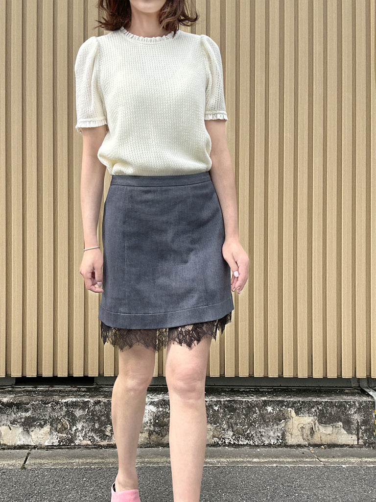 Black Denim A-line Side Pockets Lace Trim Short Skirt