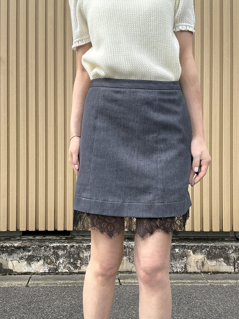 Black Denim A-line Side Pockets Lace Trim Short Skirt