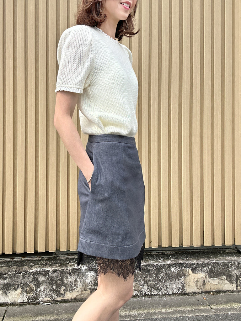 Black Denim A-line Side Pockets Lace Trim Short Skirt