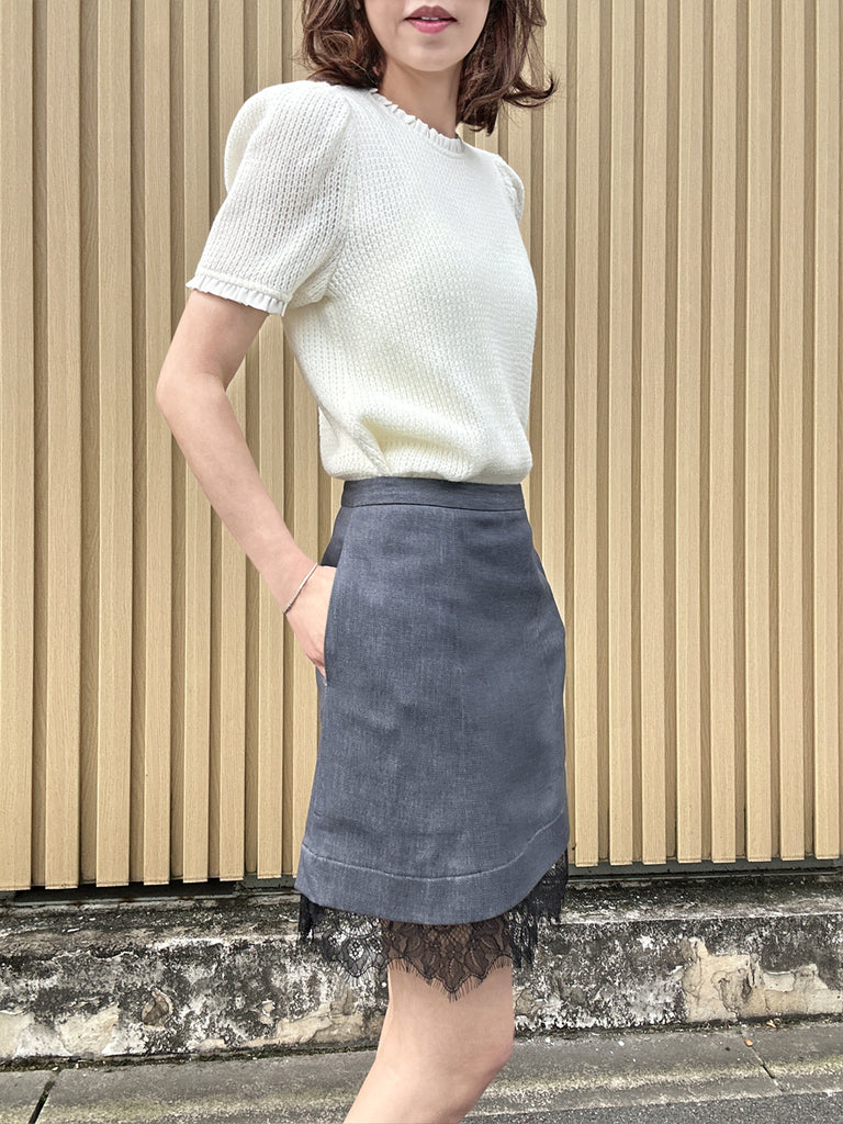 Black Denim A-line Side Pockets Lace Trim Short Skirt