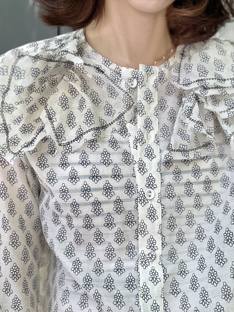 Surprise Sale! Floral Print Embroidery Layered Collar Cropped Shirt