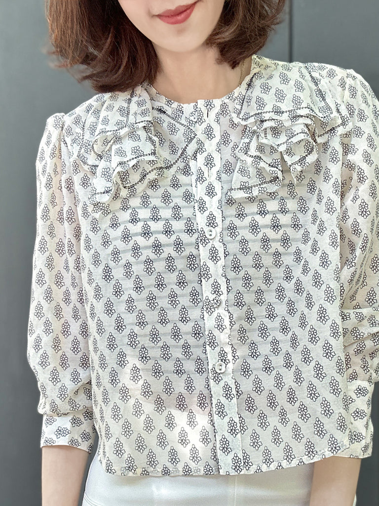 Surprise Sale! Floral Print Embroidery Layered Collar Cropped Shirt