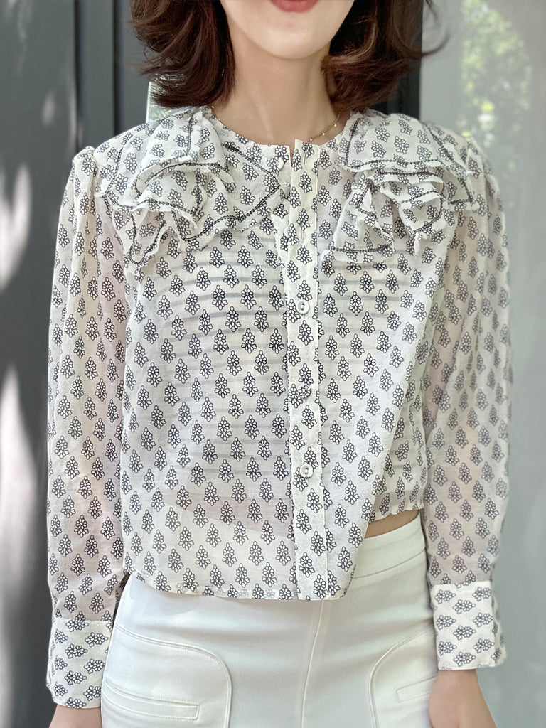 Surprise Sale! Floral Print Embroidery Layered Collar Cropped Shirt