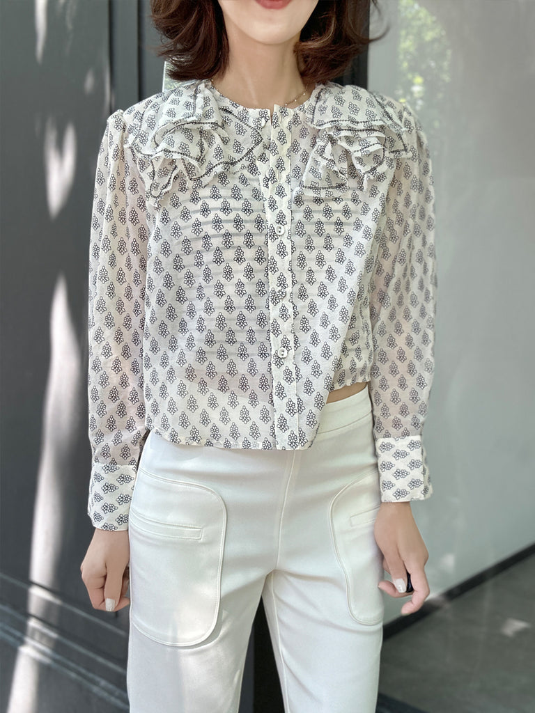 Surprise Sale! Floral Print Embroidery Layered Collar Cropped Shirt