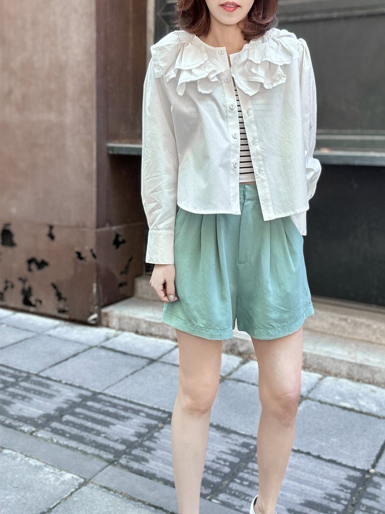 Surprise Sale! Crispy White Embroidery Layered Collar Cropped Shirt